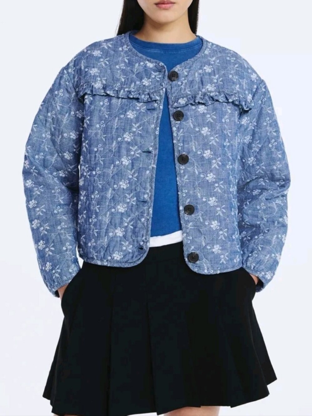 Scoop Denim Quilted Floral Jacket - Light Blue Size S